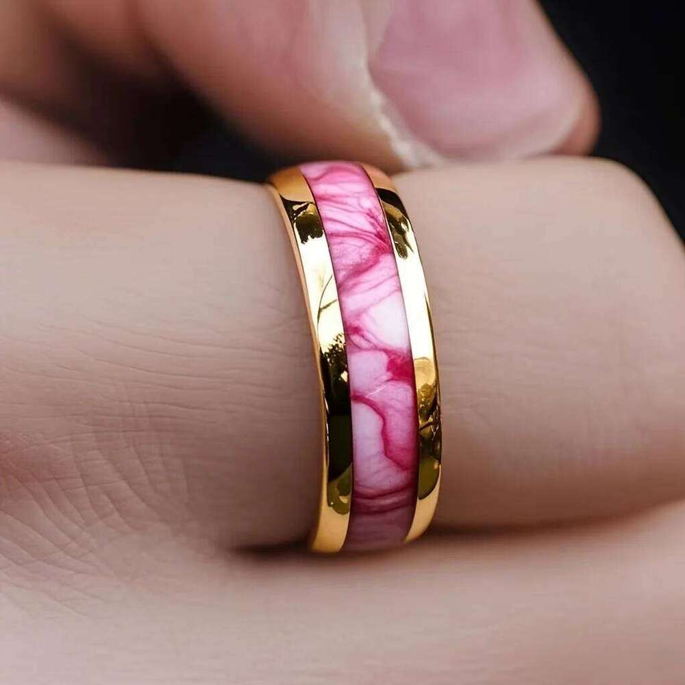 8MM Fashion Pink Abalone Shell Inlay Men's Unique Gold Color Wedding Engagement Stainless Steel Rings Women Party Ring XJ260127