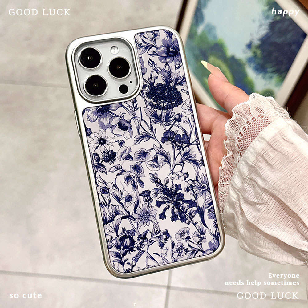 Suitable for Apple 16PM Chinese Style and White Porcelain Blue Flower Phone iPhone 17 Pro Silver Edge Epoxy Protective Case S260128