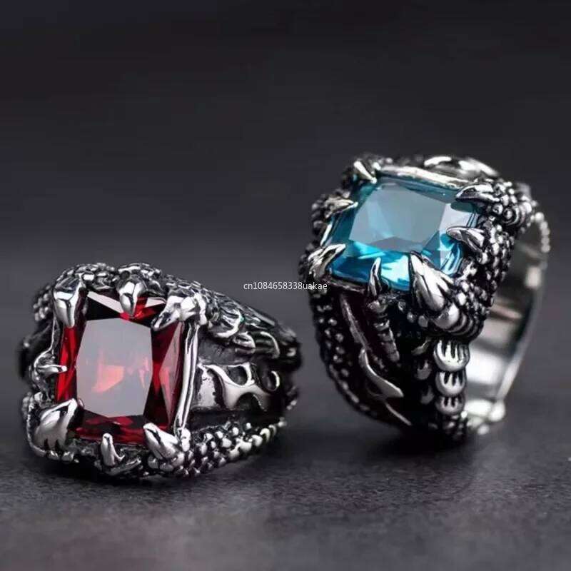 1Pc Gothic Blue and Red Crystal Evil Demon Dragon Claw Ring for Men Gram Biker Punk Rock Hip Hop Cool Jewelry Accessories XJ260127