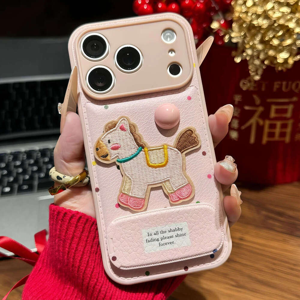 Girly Pink Polka Dot Embroidery Pony Stand Compatible with Apple 16/17 Pro Phone Case IP15 Candy Cushion 14 Soft S260128