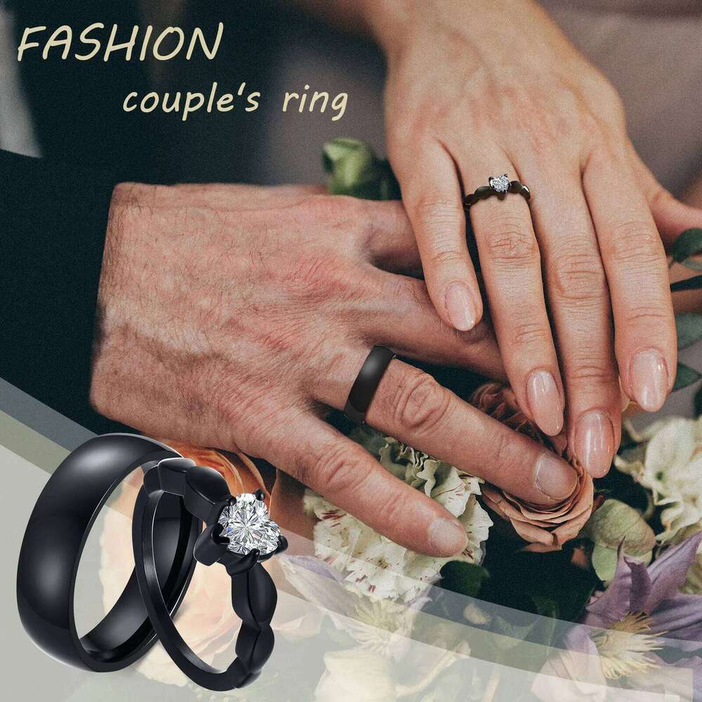 Vnox Romantic Heart CZ Stone Couple Wedding Rings for Women Men, Black Color Stainless Steel Bands Engagement Jewelry, Love Gift XJ260127