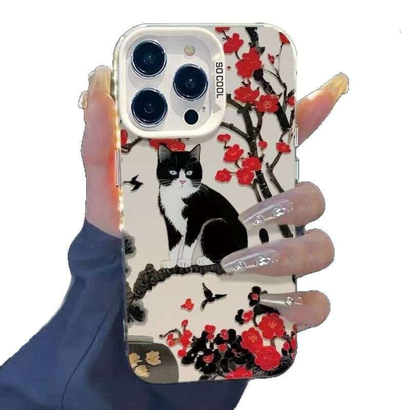 Plum Blossom Black Cat Compatible iPhone 16 Case Apple 15 Max/14 Shockproof 13 Pro 12 Personalized 11 XR S260128