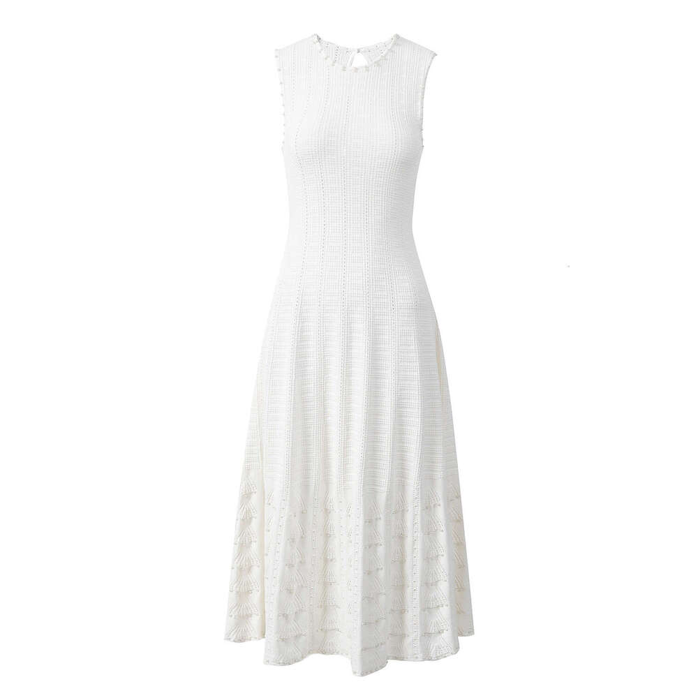 2026 Spring/Summer New Luxury Style Pearl Decor Hollow Knitted Sleeveless Slimming Long Dress