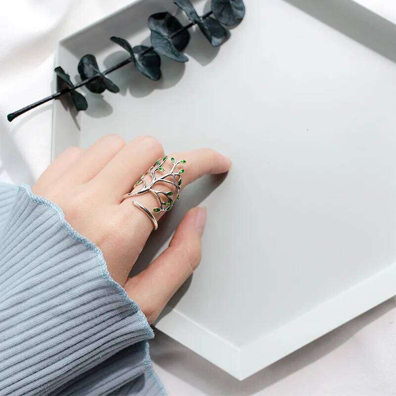 Buyee 925 Sterling Silver Female Big Flower Finger Green leaf Open Ring for Women Fashion Party Fine Jewelry Circle Gift XJ260127