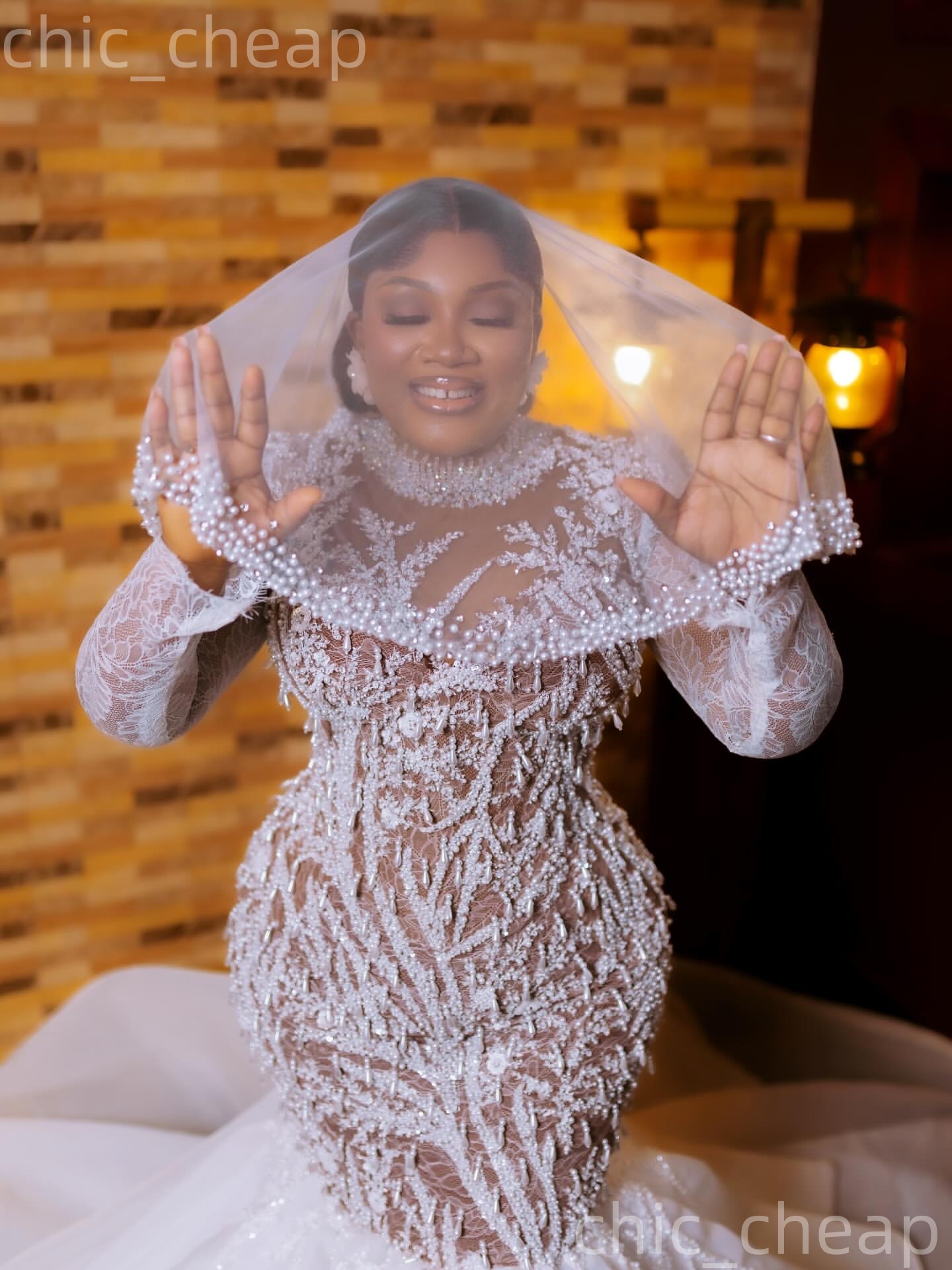 African Aso Ebi 2026 Ivory Mermaid Wedding Dress Illusion Lace Pearls High Neck Long Sleeves Vintage Charming Bridal Gowns Dresses ZJ2378