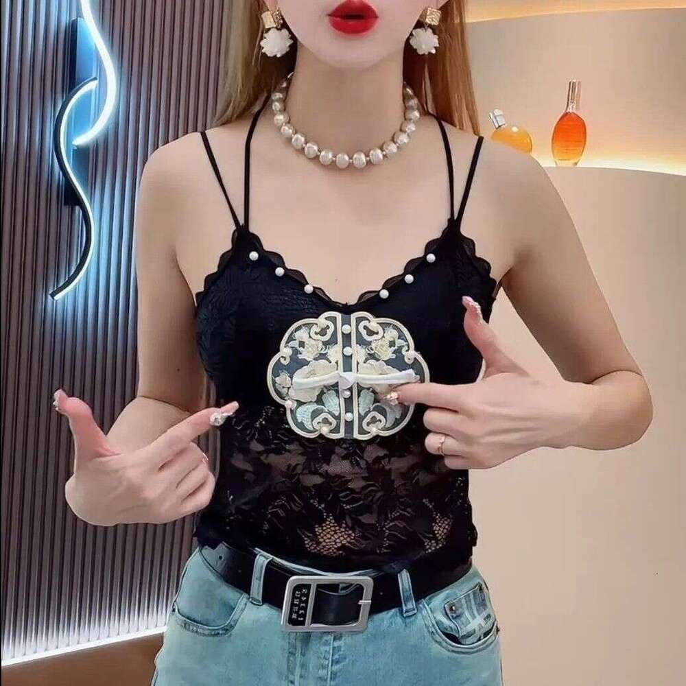 Hot-Selling Chinese Beautiful Back Hollow Out Vest Camisole Lace Spring Summer New Pearl Heavy Beading National Style Embroidery