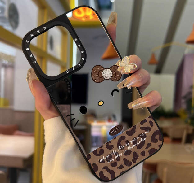 Suitable for iPhone 16/17 Pro Max Leopard Kitty 15 Phone Case Ins Apple 13 Makeup Mirror Bowknot S260128