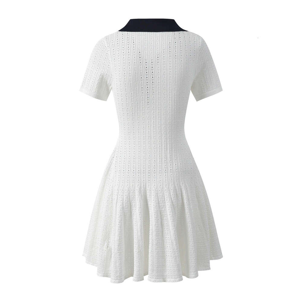2026 Summer New Elegant Style Solid Color Collar Pearl Button Hollow Knitted Short Sleeve Dress
