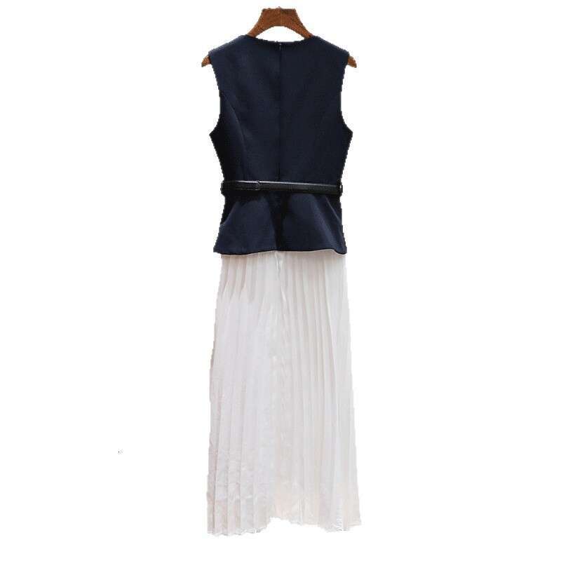 2026 spring/summer new designer elegant blue and white women's pleated sleeveless long skirt