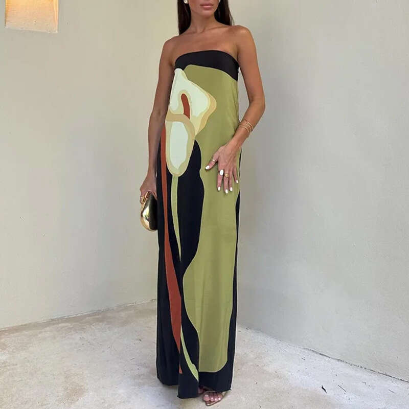 2026 spring European and American foreign trade women's fashionable sleeveless off shoulder tube top sexy backless printed dress