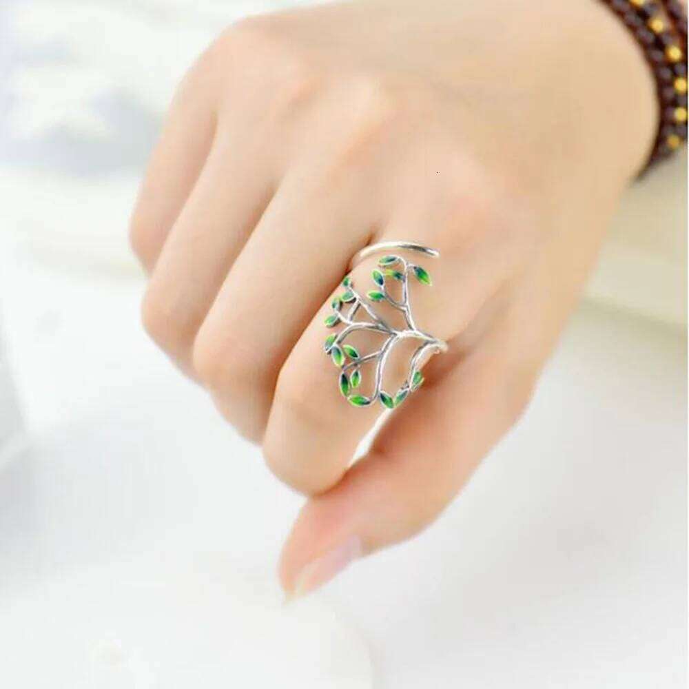 Buyee 925 Sterling Silver Female Big Flower Finger Green leaf Open Ring for Women Fashion Party Fine Jewelry Circle Gift XJ260127