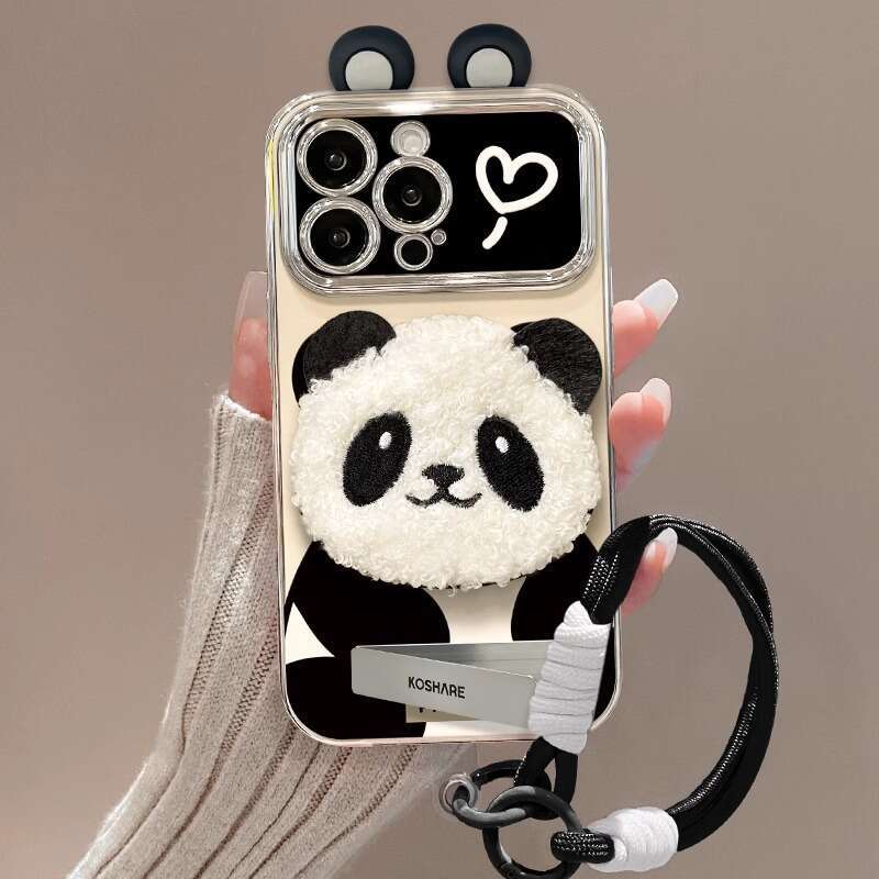 Panda Plush Ear Stand Lanyard Suitable for Apple 16PRO Phone Case 15 Electroplated 6D Window 14/13 S260128