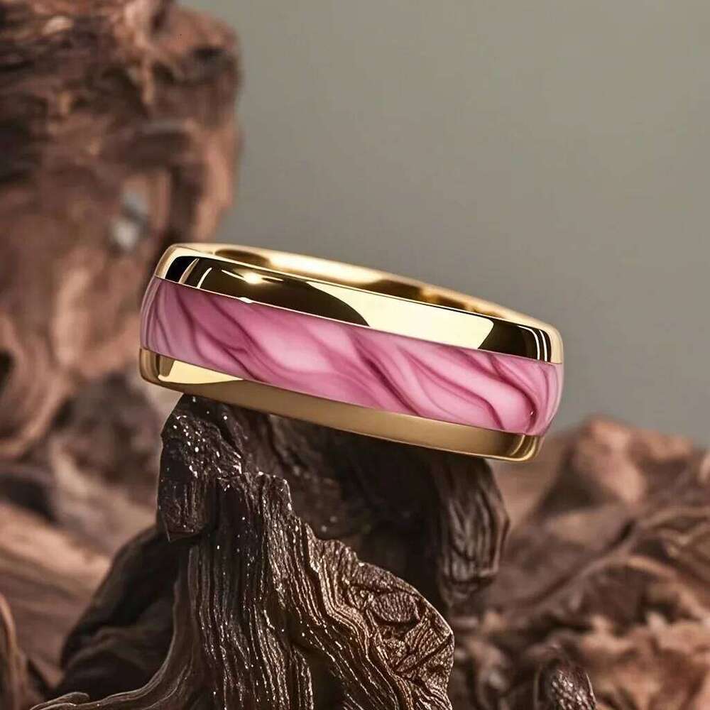 8MM Fashion Pink Abalone Shell Inlay Men's Unique Gold Color Wedding Engagement Stainless Steel Rings Women Party Ring XJ260127