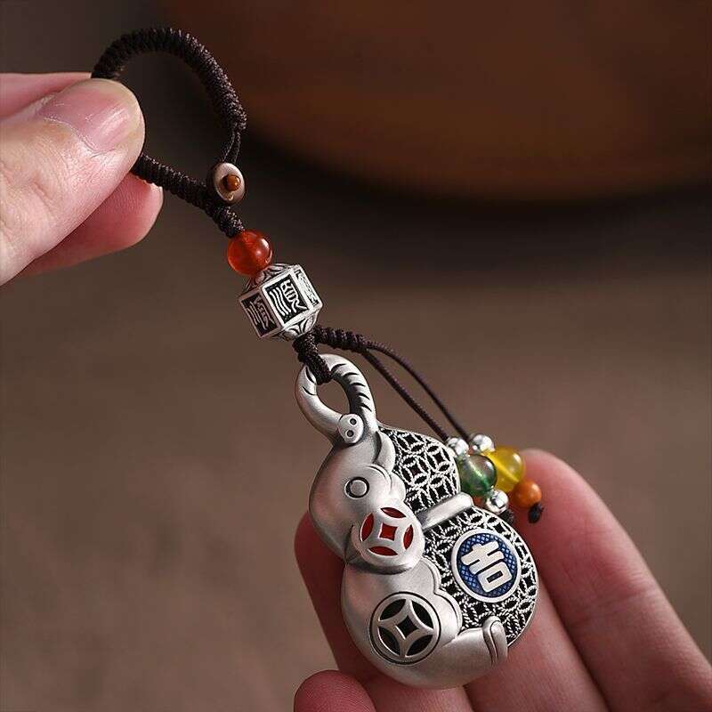 Pure Silver Texture Lucky Peace Auspicious Keychain Pendant For Men And Women, High-End Chinese Style Gourd Car Hanging Ornament