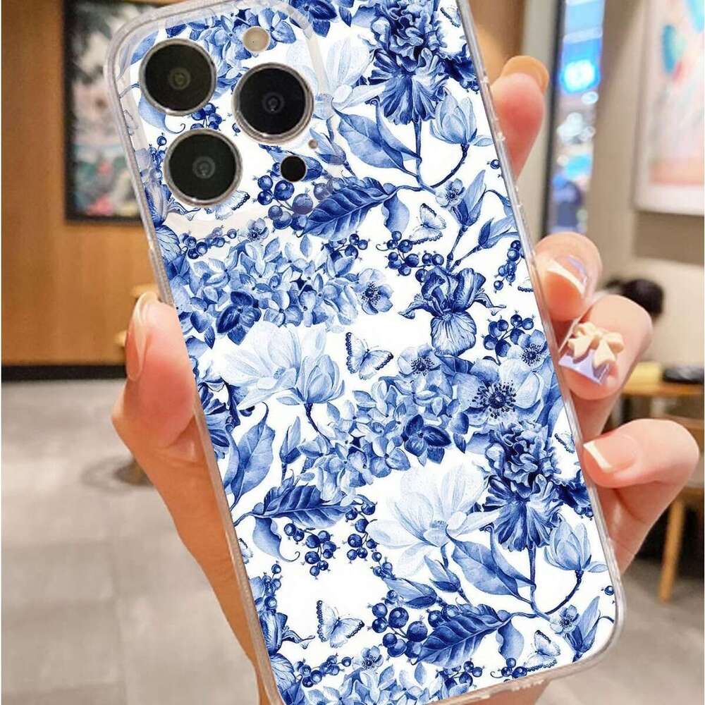 Blue and White Porcelain Color Anti-Fall Transparent for iPhone 15/16/17 Series Pro Max/14 Phone Case Protection S260128
