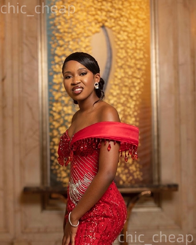 Aso Ebi Red Mermaid Prom Dresses 2026 Crystals Beaded High Split Sequined Evening Formal Party Second Birthday Engagement Gowns Dress For Special Occa