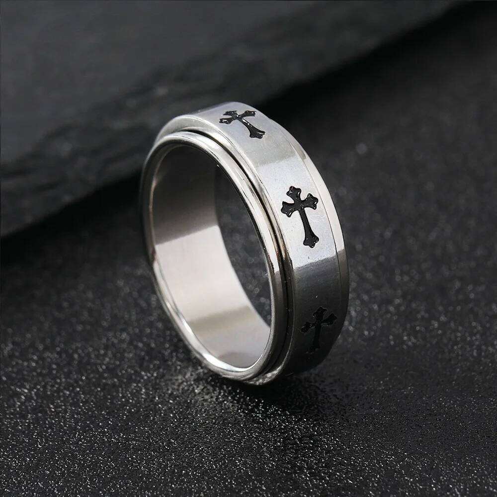 Rotatable Metal Cross For Men Women Silver Color Stainless Steel Ring Punk Gothic Simple Accessories Christian Jewelry Gift XJ260127