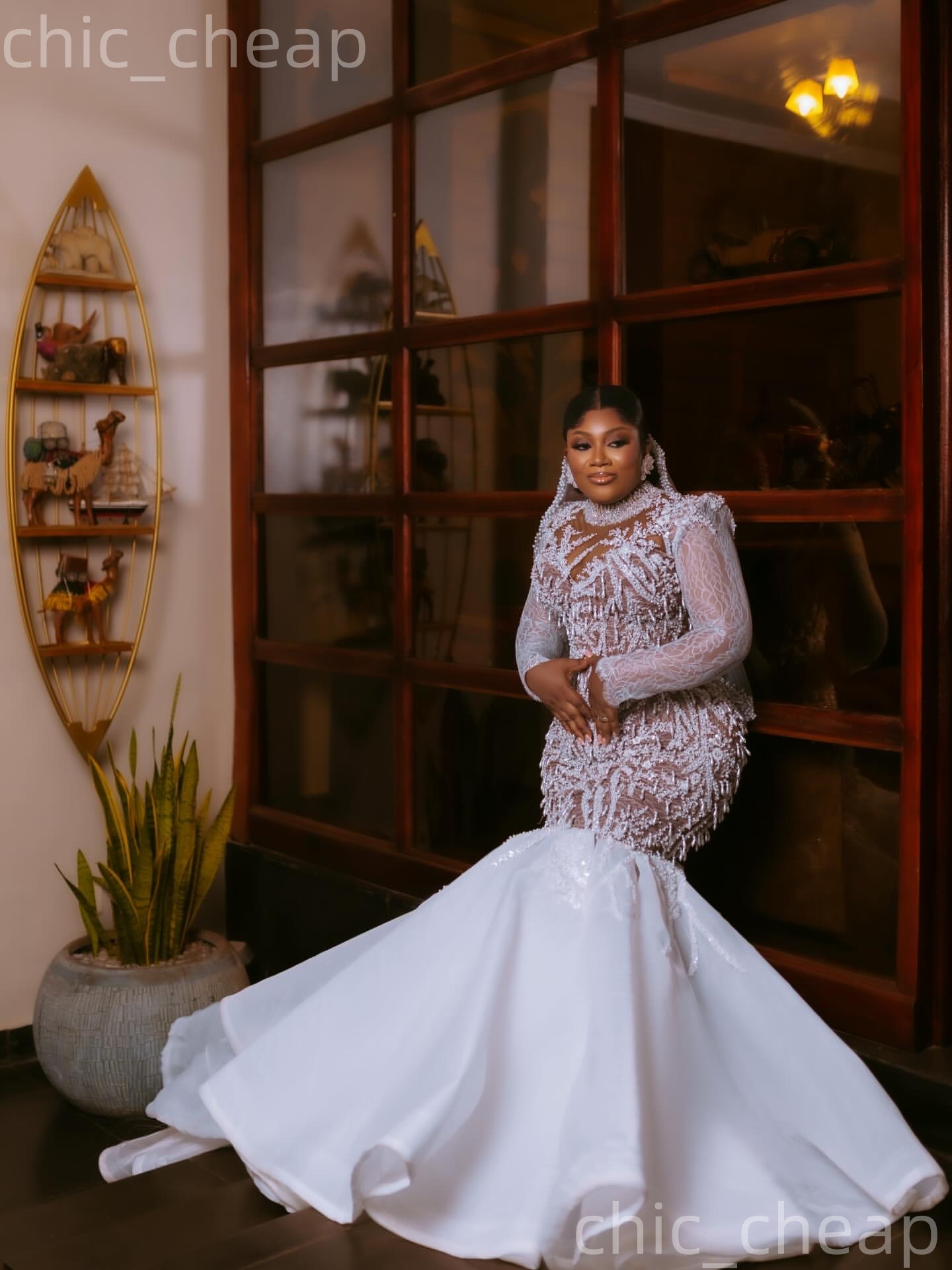 African Aso Ebi 2026 Ivory Mermaid Wedding Dress Illusion Lace Pearls High Neck Long Sleeves Vintage Charming Bridal Gowns Dresses ZJ2378