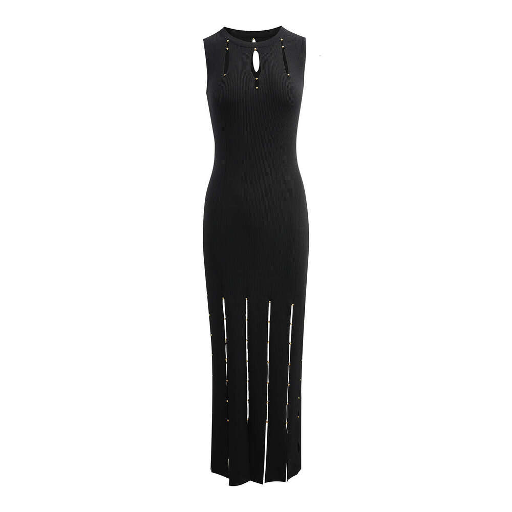 2026 new French slit solid color tassel edge gold bead waistband with lace up sleeveless high-end slim fit dress