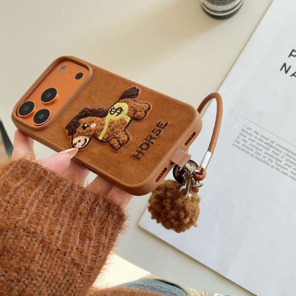 Embroidered Money Pony for Apple 17 Pro Max, iPhone 16/15/14 with Hand Strap and Pom-Pom Soft Case S260128