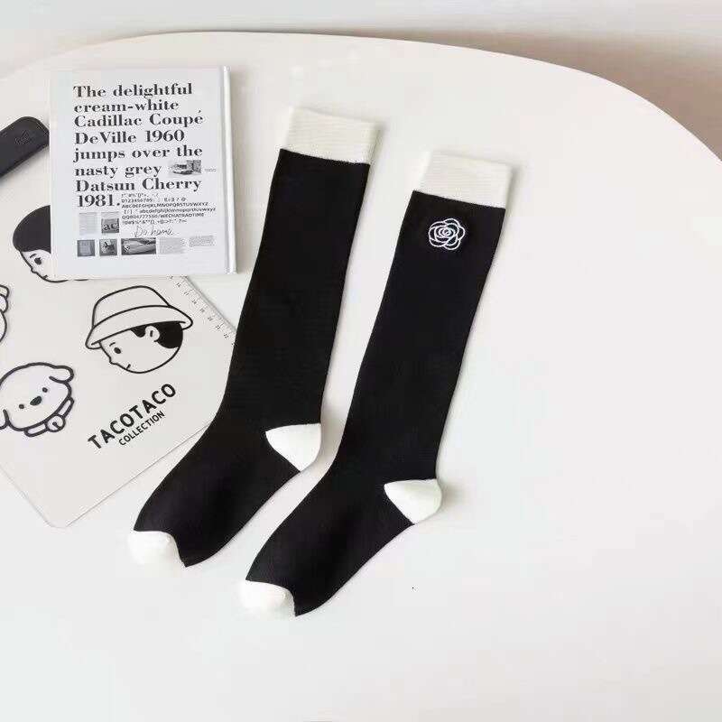 Black and White Color-Block Embroidered Calf Patchwork Leg Ins Trend Japanese College Style JK Long Tube Knee-High Socks