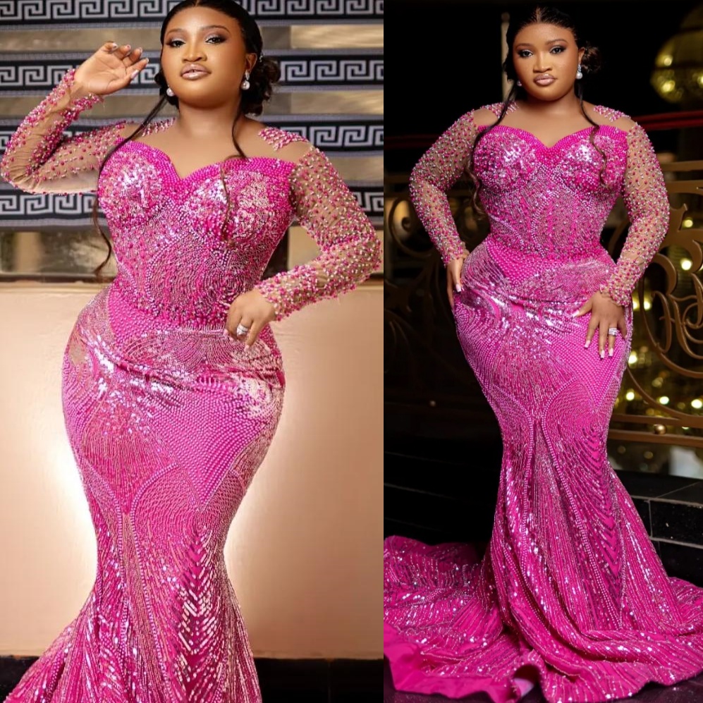 Aso Ebi Fuchsia Mermaid Prom Dresses 2026 Pearls Beaded Sheer Neck Sequined Evening Formal Party Second Birthday Engagement Gowns Dress For Special Oc