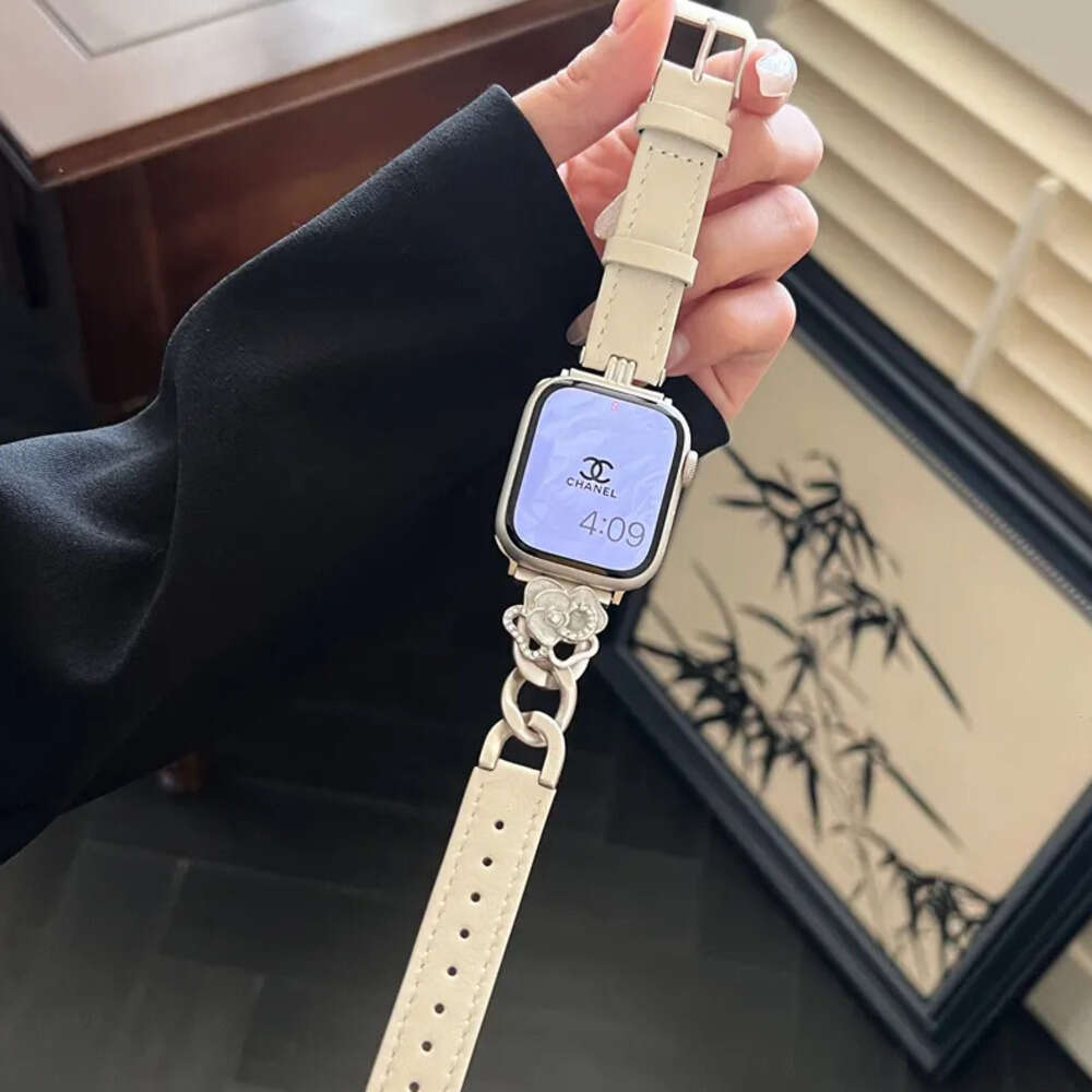 Camellia Leather Metal Apple Watch Strap for iWatch 38mm 40mm 41mm 42mm 44mm 45mm 46mm 49mm Series 3 4 5 6 7 8 9 10 Ultra 2