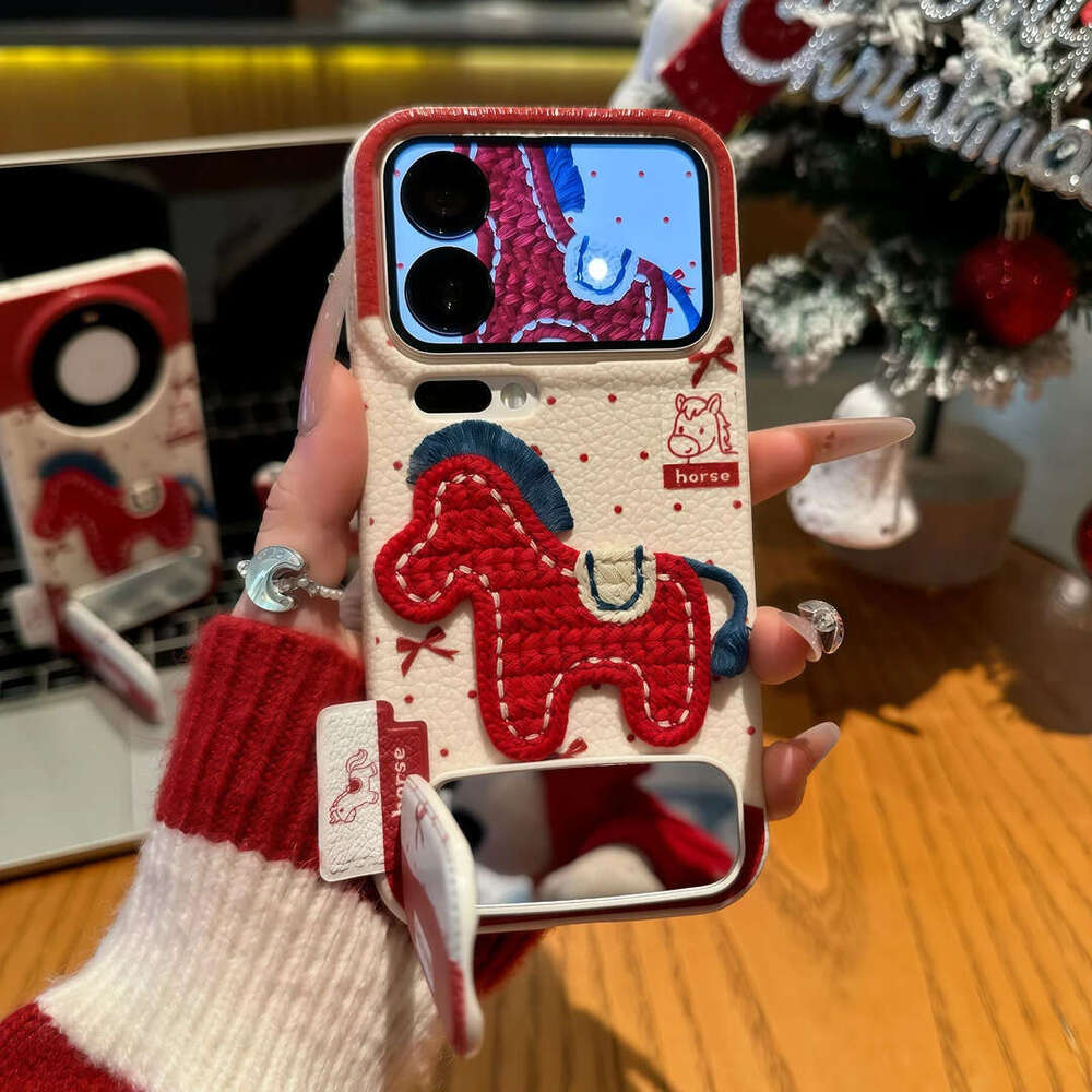 New Year Embroidered Pony Stand Compatible with Apple 17 Pro Max Phone Case IP16 Leather Texture 15 Mirror 14 Personalized 13 S260128