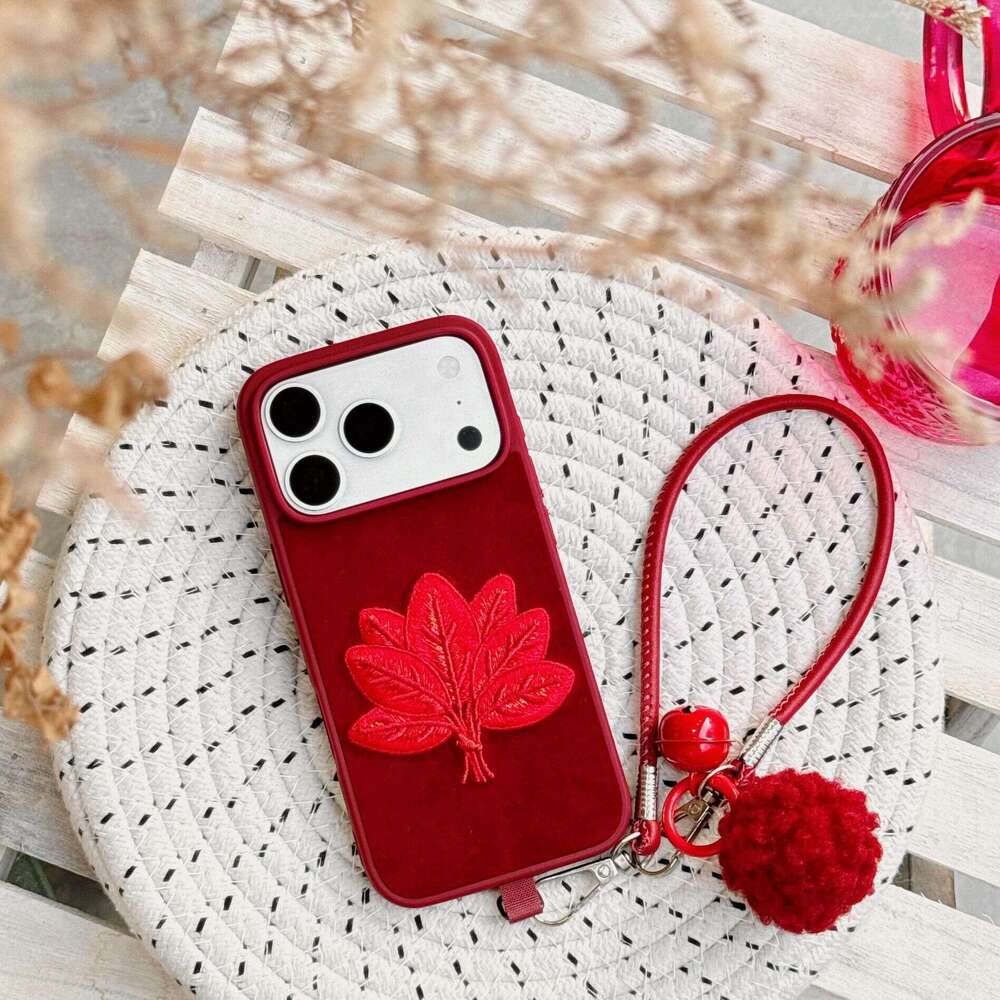Embroidered Red Grapefruit Leaf Case for Apple 17 Pro Max iPhone 16/15/14 with Strap and Pom-Pom S260128