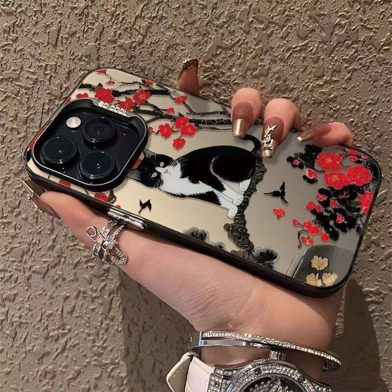 Plum Blossom Black Cat Compatible iPhone 16 Case Apple 15 Max/14 Shockproof 13 Pro 12 Personalized 11 XR S260128