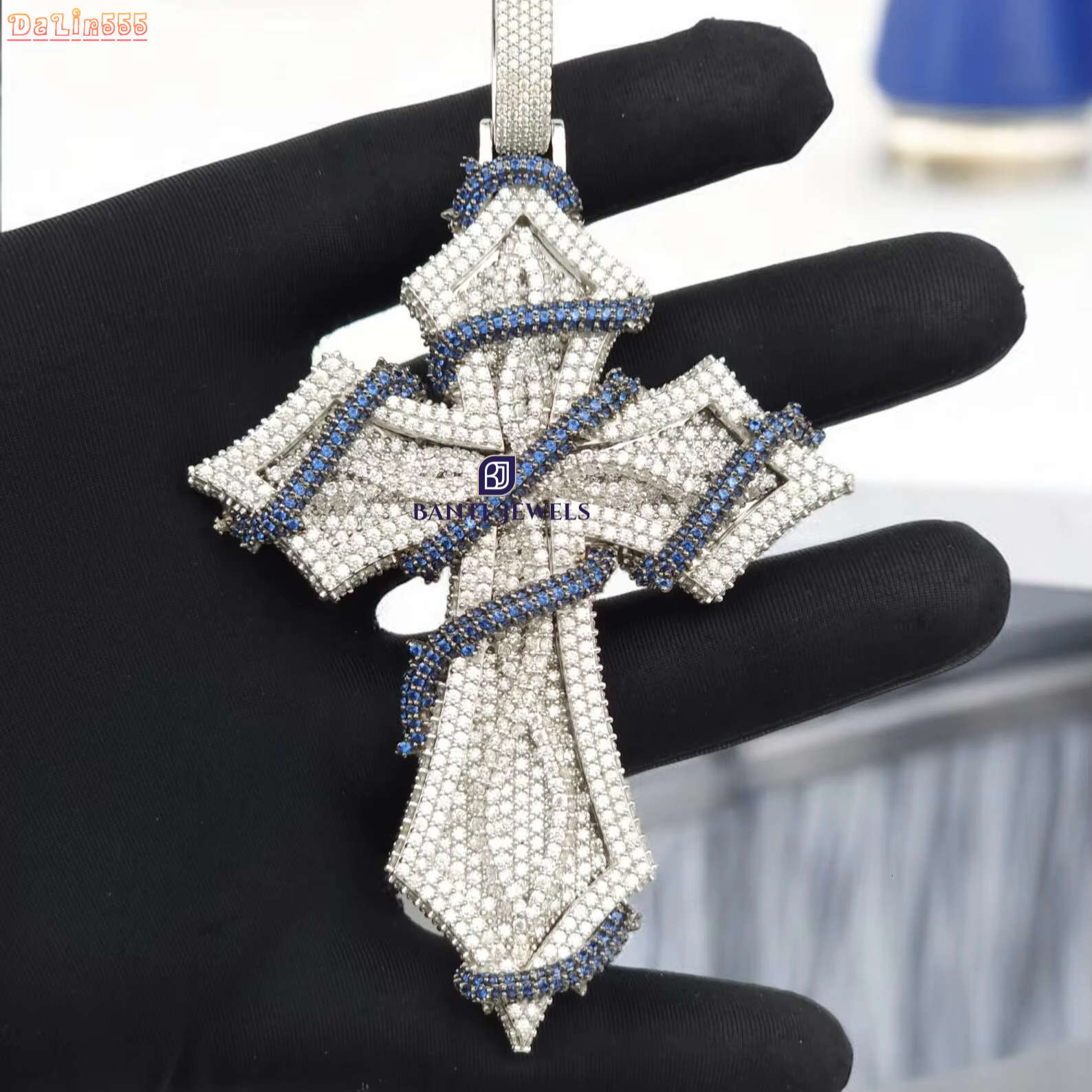 Luxury Iced Out Cross Pendant with Blue Accents VVS Moissanite Hip Hop Jewellery Silver Finish
