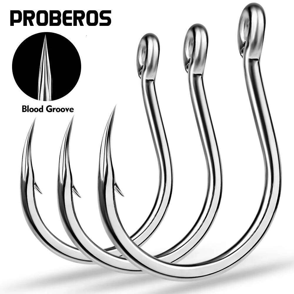PROBEROS 10PCS Fishing Hooks 1/0-2/0-3/0-4/0-5/0# Jig Big Eye Fishhooks Tin Color Barbed Single Hook High Carbon Steel Peche Z260128