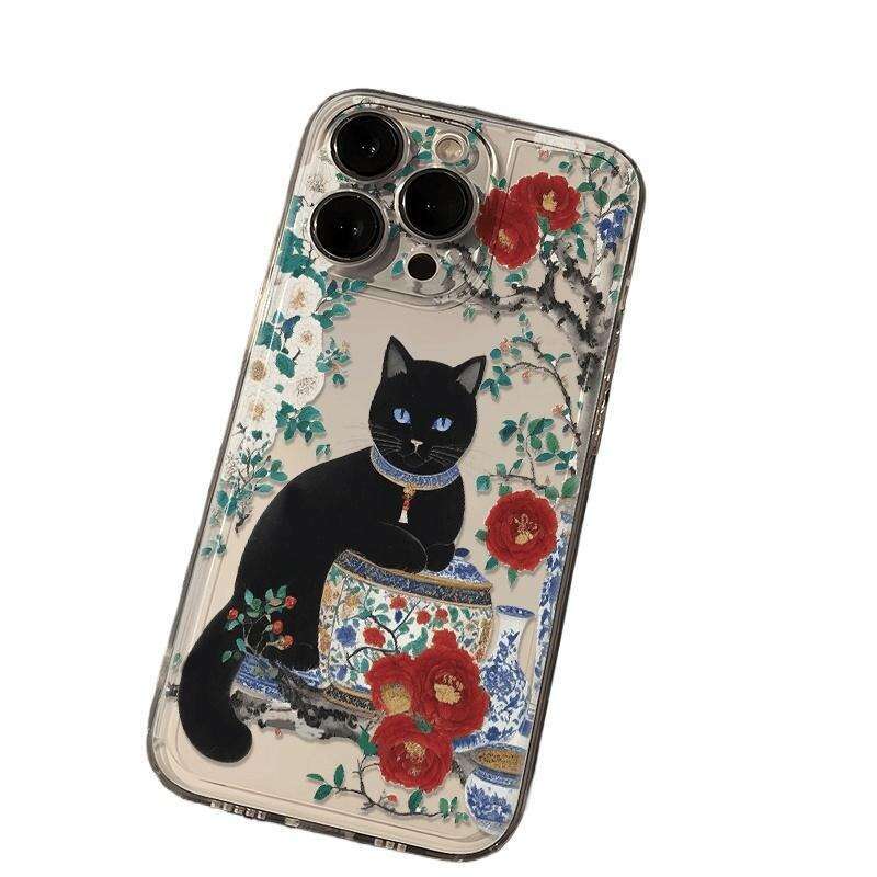 Blue and White Porcelain Peony Black Cat Case for iPhone 16, 15 Pro Max, Niche 14 Pro, Apple 13/12 S260128