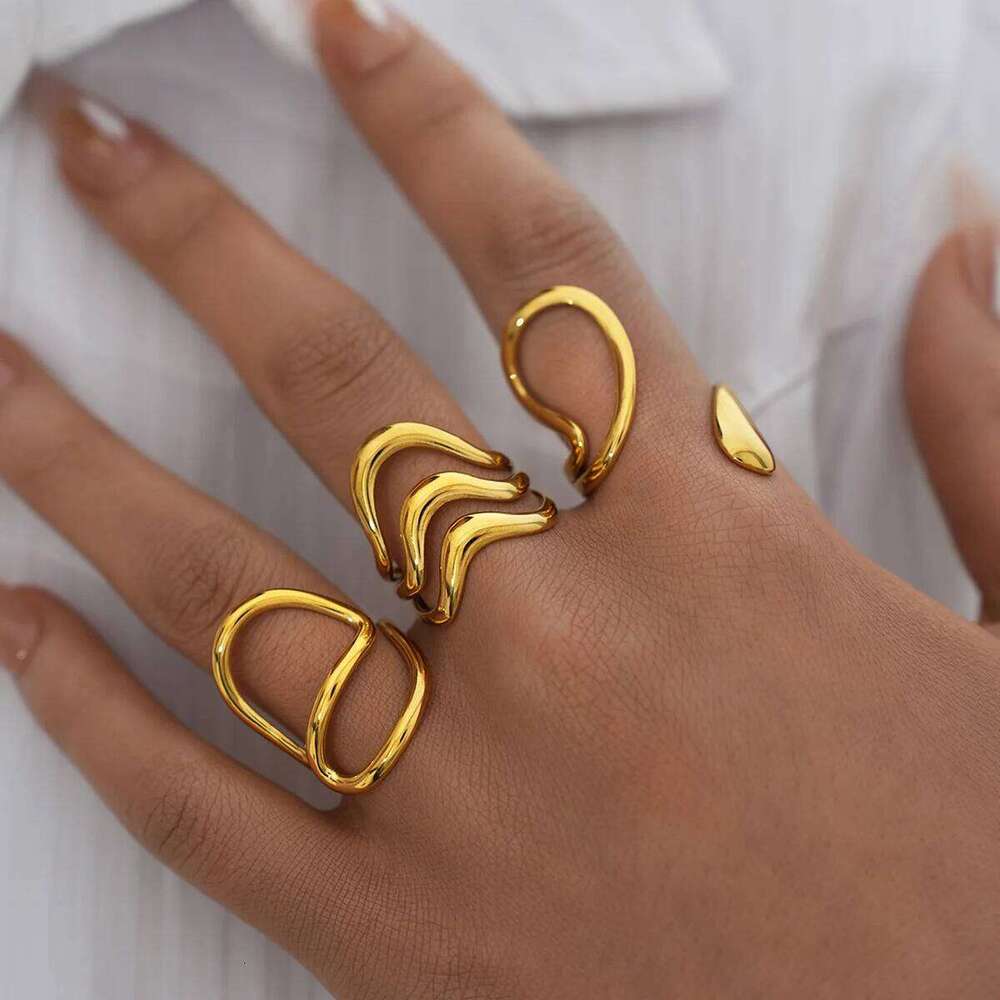 Stainless Steel Irregular Wave Rings For Women Creative Gold Color Adjustable Open Ring Female Jewelry Punk Rapper Anillos Gifts XJ260127