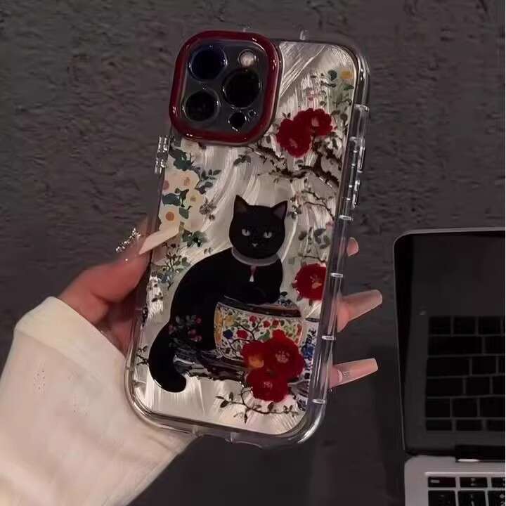 Plum Blossom Black Cat Compatible with Apple iPhone 17 Case Huawei Mate 70 Shockproof 12 Couple Style 11 High-end Feel S260128