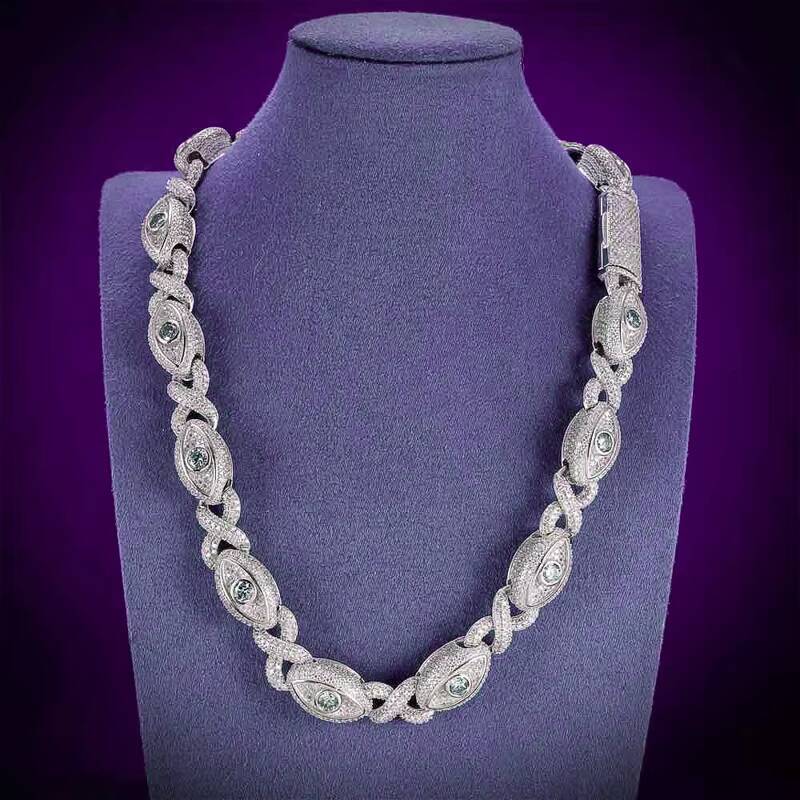 2026 Hip Hop Iced Out Bling 925 Silver Pass Diamond Tester VVS Moissanite 15MM Multi Gemstone Big Eye Eternity Cuban Chain for Men