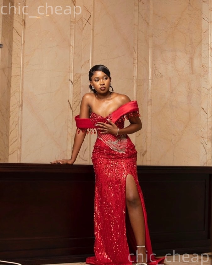 Aso Ebi Red Mermaid Prom Dresses 2026 Crystals Beaded High Split Sequined Evening Formal Party Second Birthday Engagement Gowns Dress For Special Occa