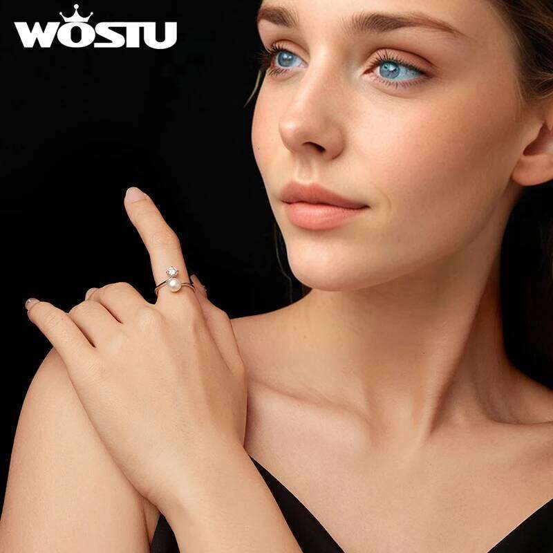 WOSTU Forever Love Moissanite Natural Pearl Opening Ring s925 Silver Diamond Cut Adjustable Rings Lady Anniversary Mom's Gift XJ260127