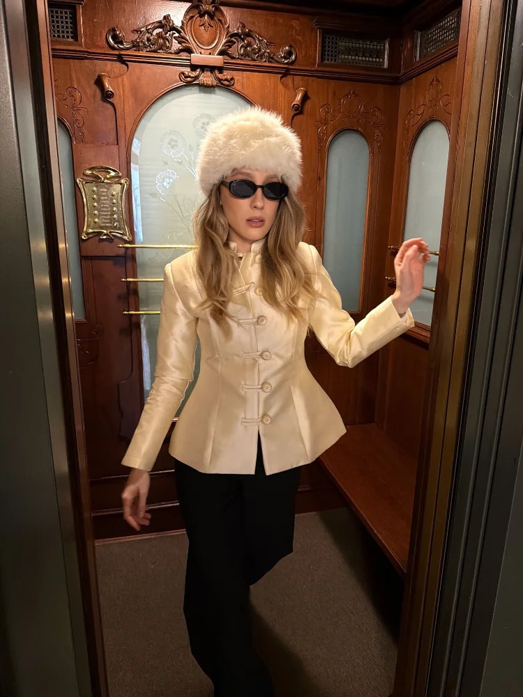 Elegant Satin Short Mandarin Jacket Women Chic Full Sleeve Waist Cinching Single Breasted Coats 2026 Lady Spring Commute Jacket 260128 - view 3