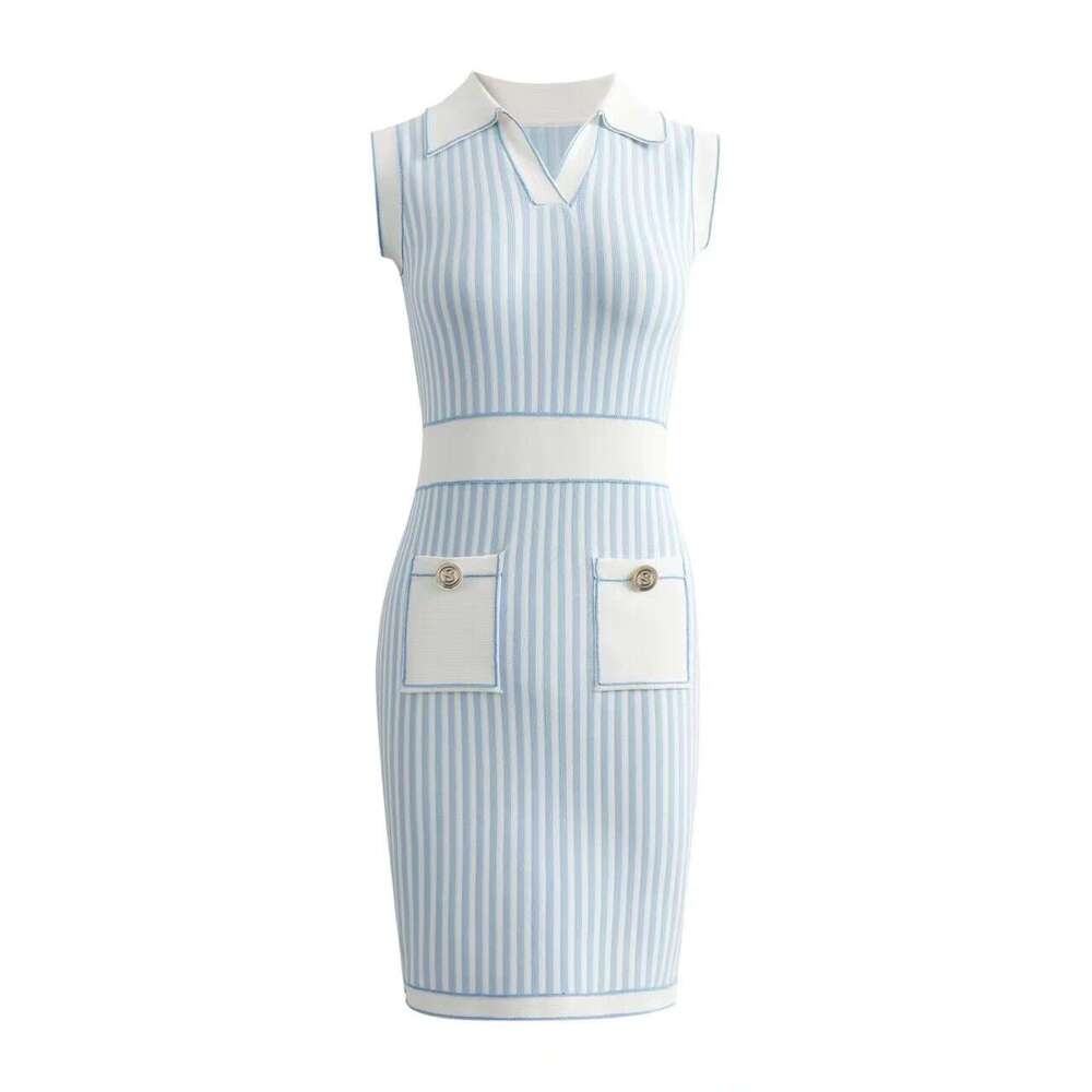 2026 Designer New College Soft Blue and White Stripe Style Collar Sleeveless Tank Top Dress