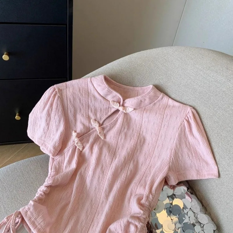 Solid Short Sleeve T-shirts Women Summer Sweet Girls Hollow Out Button Stand Collar Shirring Cropped Slim Trendy Chinese Style 260128 - view 6