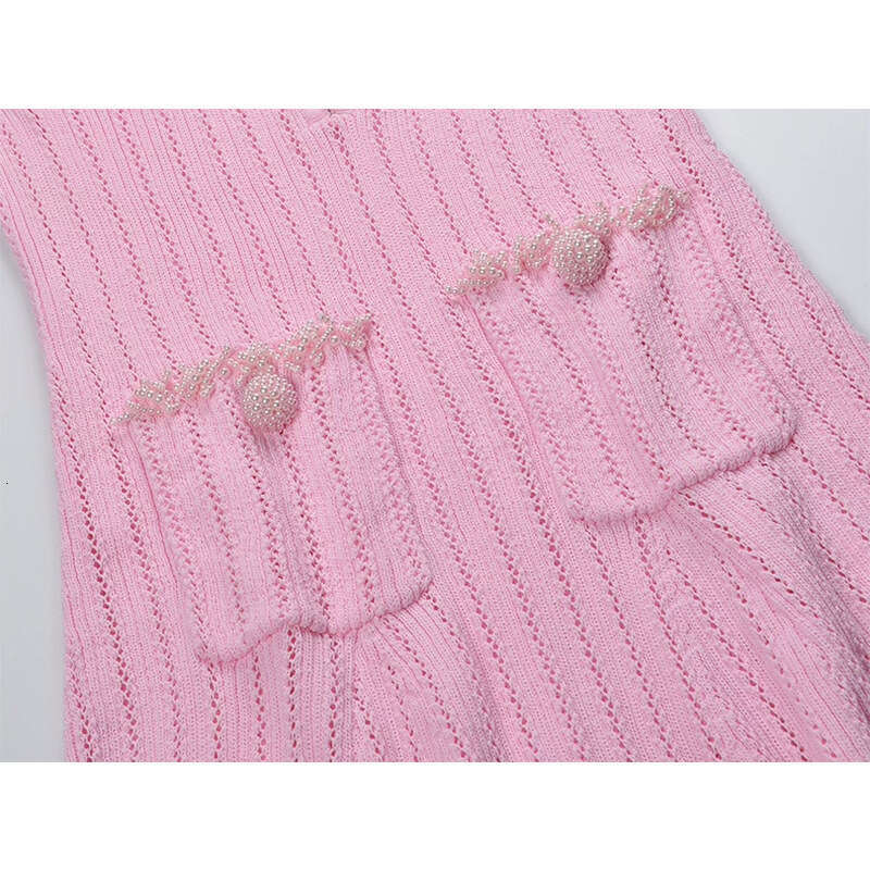 2026 Autumn New V-neck Diamond Button Four Pocket Design Fashionable Hollow Knitted A-line Dress