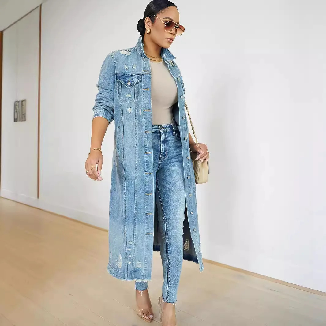 Women Long Denim Jacket Hole Overcoat Single Breasted Pockets Turn Down Collar 2024 Female Streetwear Vintage Jean Outerwear 260120