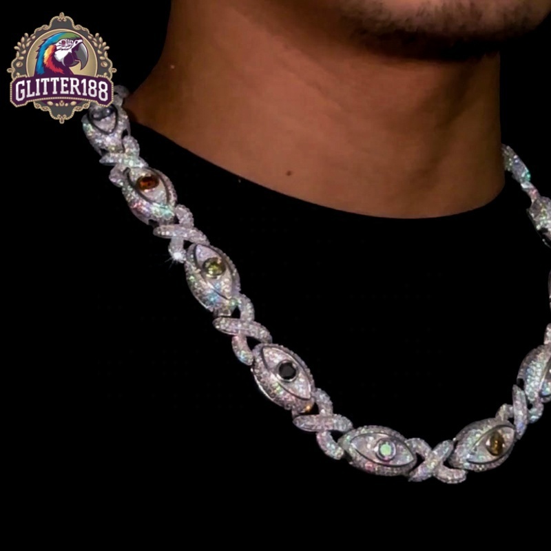 2026 Hip Hop Iced Out Bling 925 Silver Pass Diamond Tester VVS Moissanite 15MM Multi Gemstone Big Eye Eternity Cuban Chain for Men