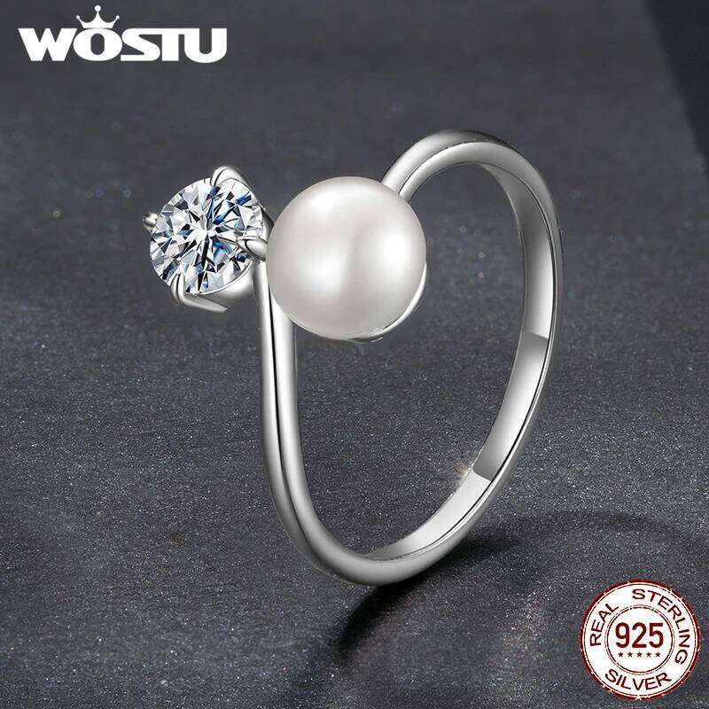 WOSTU Forever Love Moissanite Natural Pearl Opening Ring s925 Silver Diamond Cut Adjustable Rings Lady Anniversary Mom's Gift XJ260127