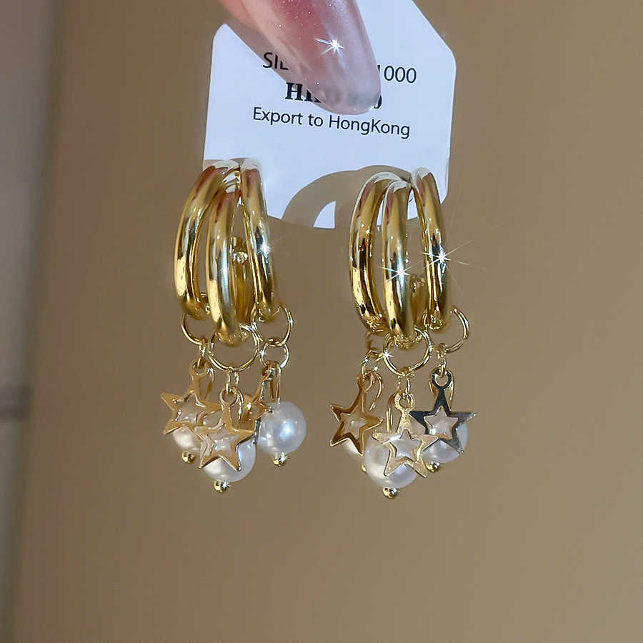 Silver Needle C-shaped Star Pearl French Retro Elegant Niche Temperament Light Luxury High-end Earrings for Women - view 8