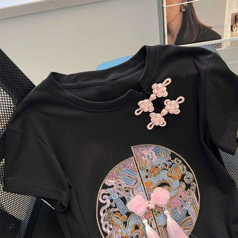 2025 Summer National Fashion Niche Retro Hollow Embroidery New Chinese Style Button Slimming Short Sleeve T-Shirt For Women
