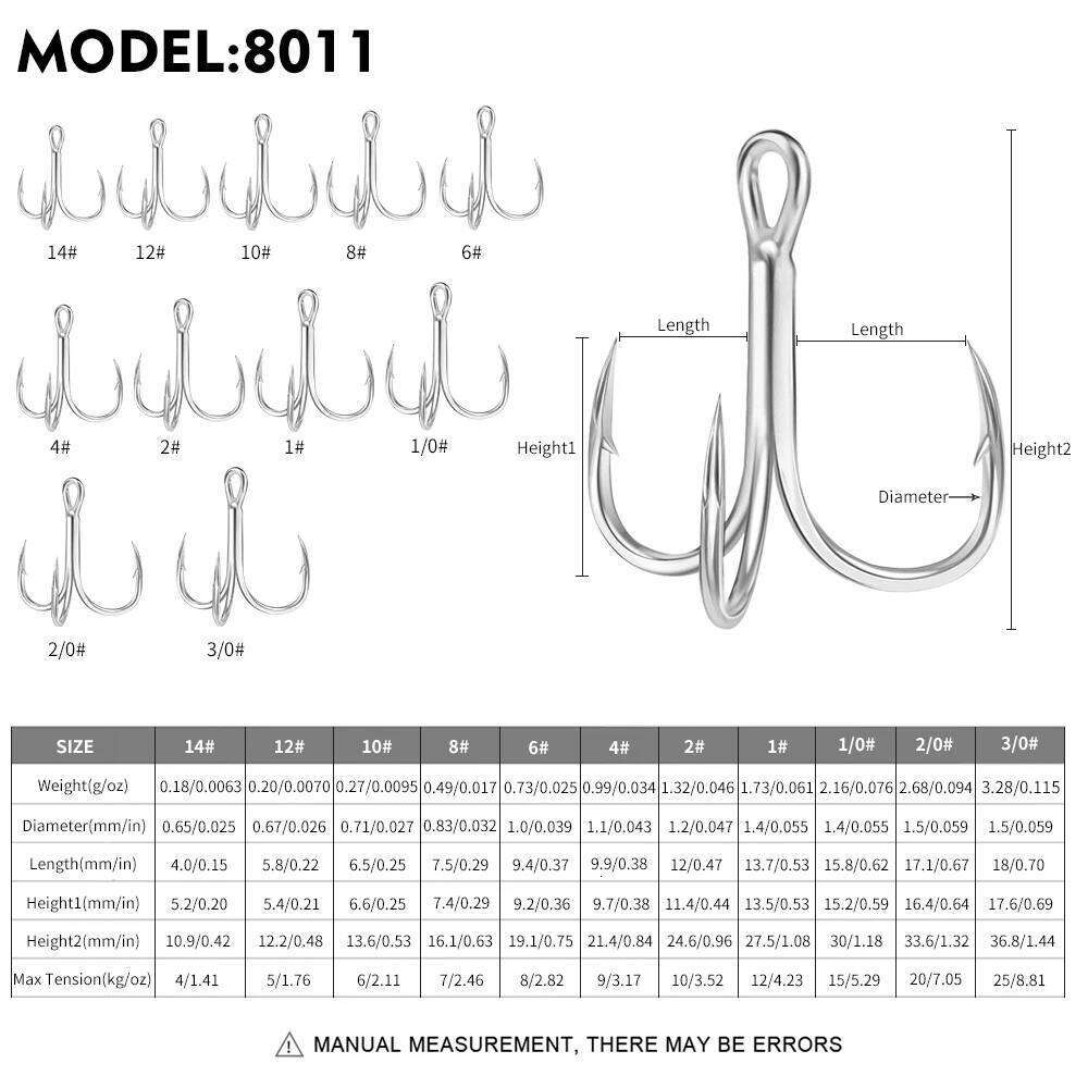PROBEROS 50PCS Saltwater Fishing Hook 14#-3/0# Anti-rusty Treble HooksTin Color Fishhooks 3X High-Carbon Steel High Strength Z260128