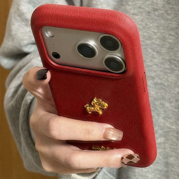 New Year 3D gold Pony Compatible with Apple 16/17 Pro Phone Case IP15 Leather Texture 14 Festive 13 Unisex 12 S260128