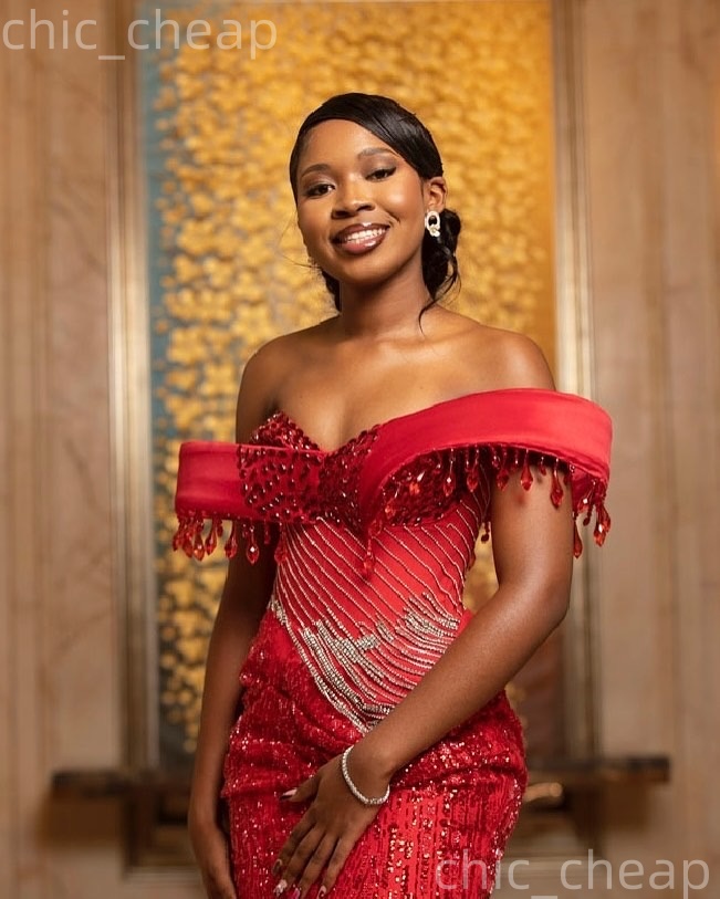 Aso Ebi Red Mermaid Prom Dresses 2026 Crystals Beaded High Split Sequined Evening Formal Party Second Birthday Engagement Gowns Dress For Special Occa